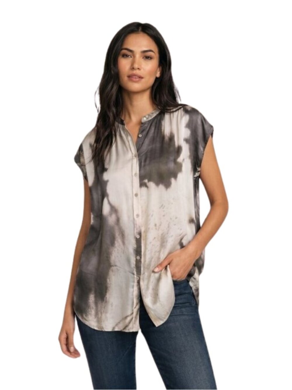 Johnny Was Biya 100% Silk Blouse Top M Medium Tie Dye Marbled Full Button Down